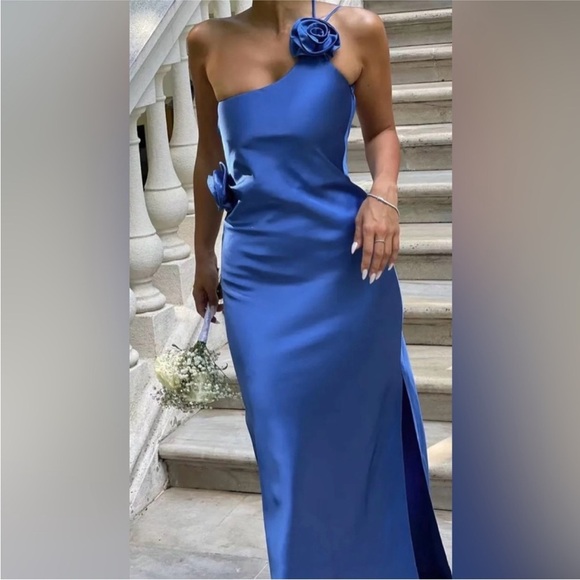 NWT Blue Satin Dress Open Back One Shoulder with Floral Rose Details - Picture 6 of 9